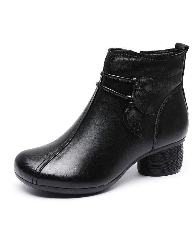 Women's Brown Leather Side Zip Chunky Heel Boots