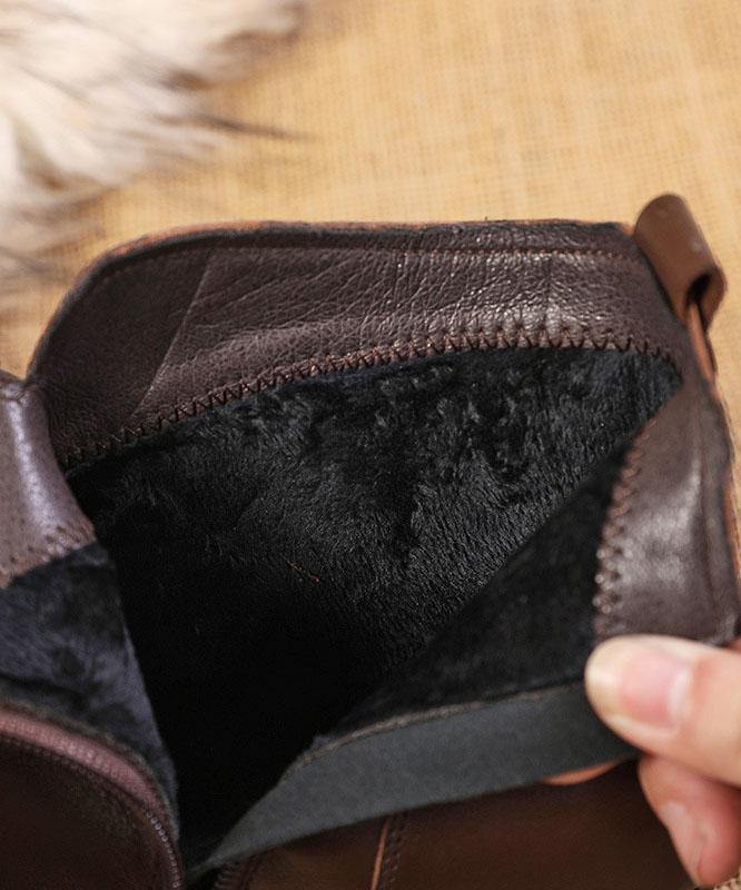 Women's Brown Leather Side Zip Chunky Heel Boots