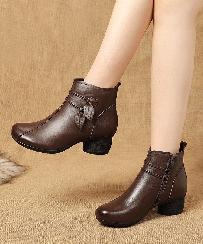 Women's Brown Leather Side Zip Chunky Heel Boots