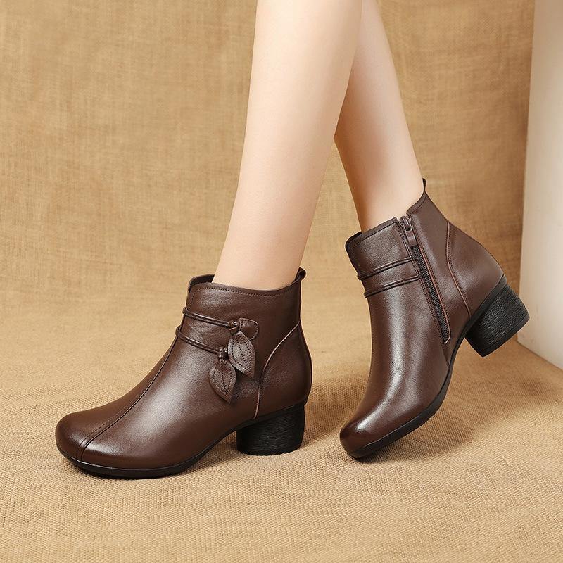 Women's Brown Leather Side Zip Chunky Heel Boots