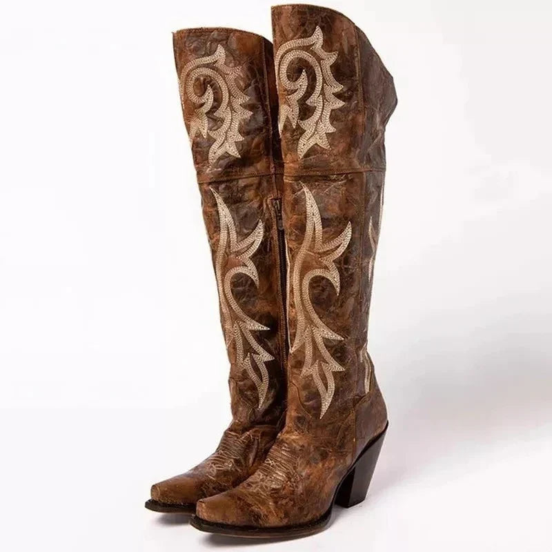 Women's Brown Leather Western Pointed Toe High Heel Boots