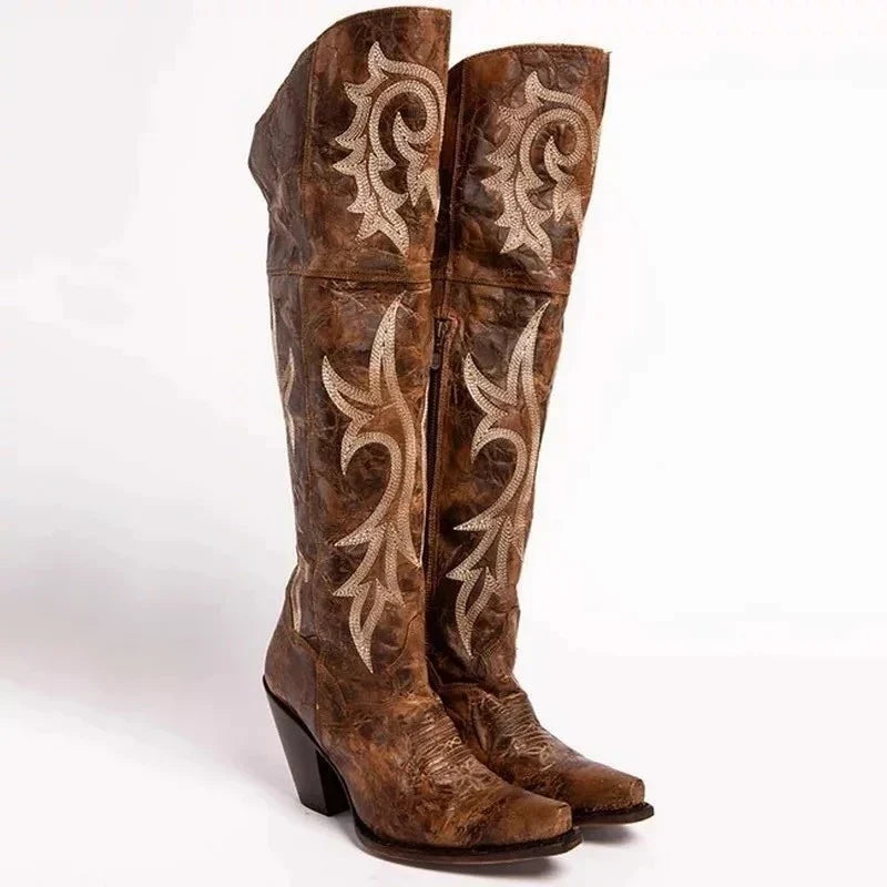 Women's Brown Leather Western Pointed Toe High Heel Boots