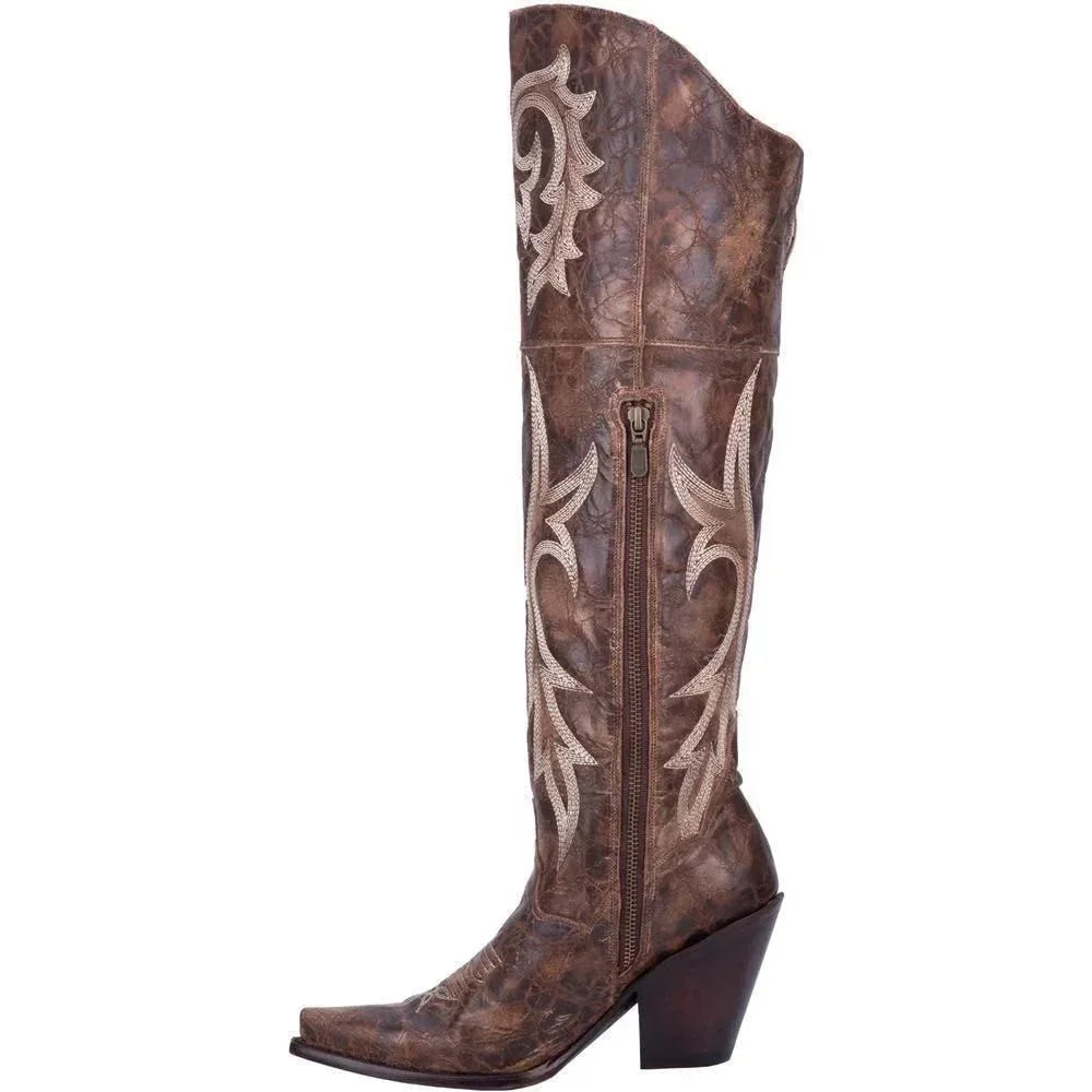 Women's Brown Leather Western Pointed Toe High Heel Boots