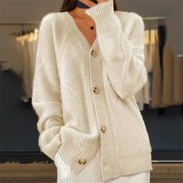 Women's Button Front V-Neck Diamond Knit Cardigan