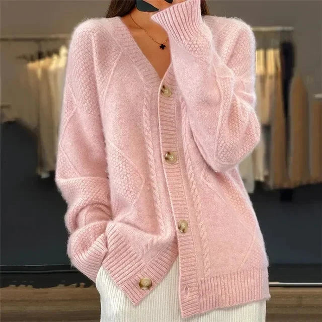 Women's Button Front V-Neck Diamond Knit Cardigan