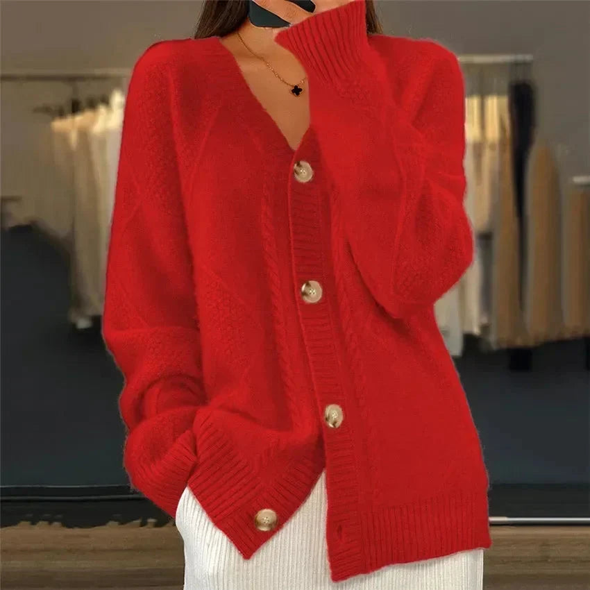 Women's Button Front V-Neck Diamond Knit Cardigan