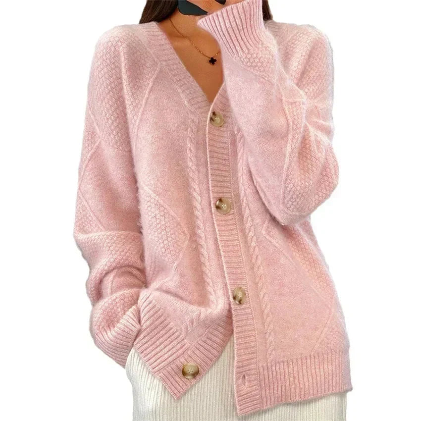 Women's Button Front V-Neck Diamond Knit Cardigan