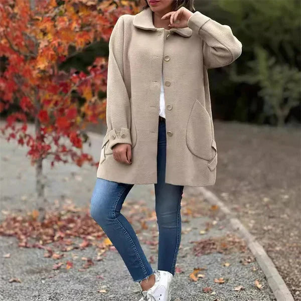 Women's Button-Front Wool Coat with Notch Lapels in Rosemary