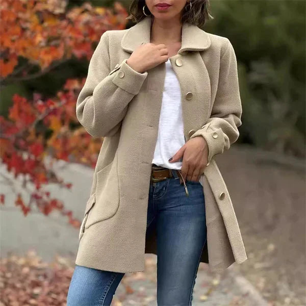Women's Button-Front Wool Coat with Notch Lapels in Rosemary