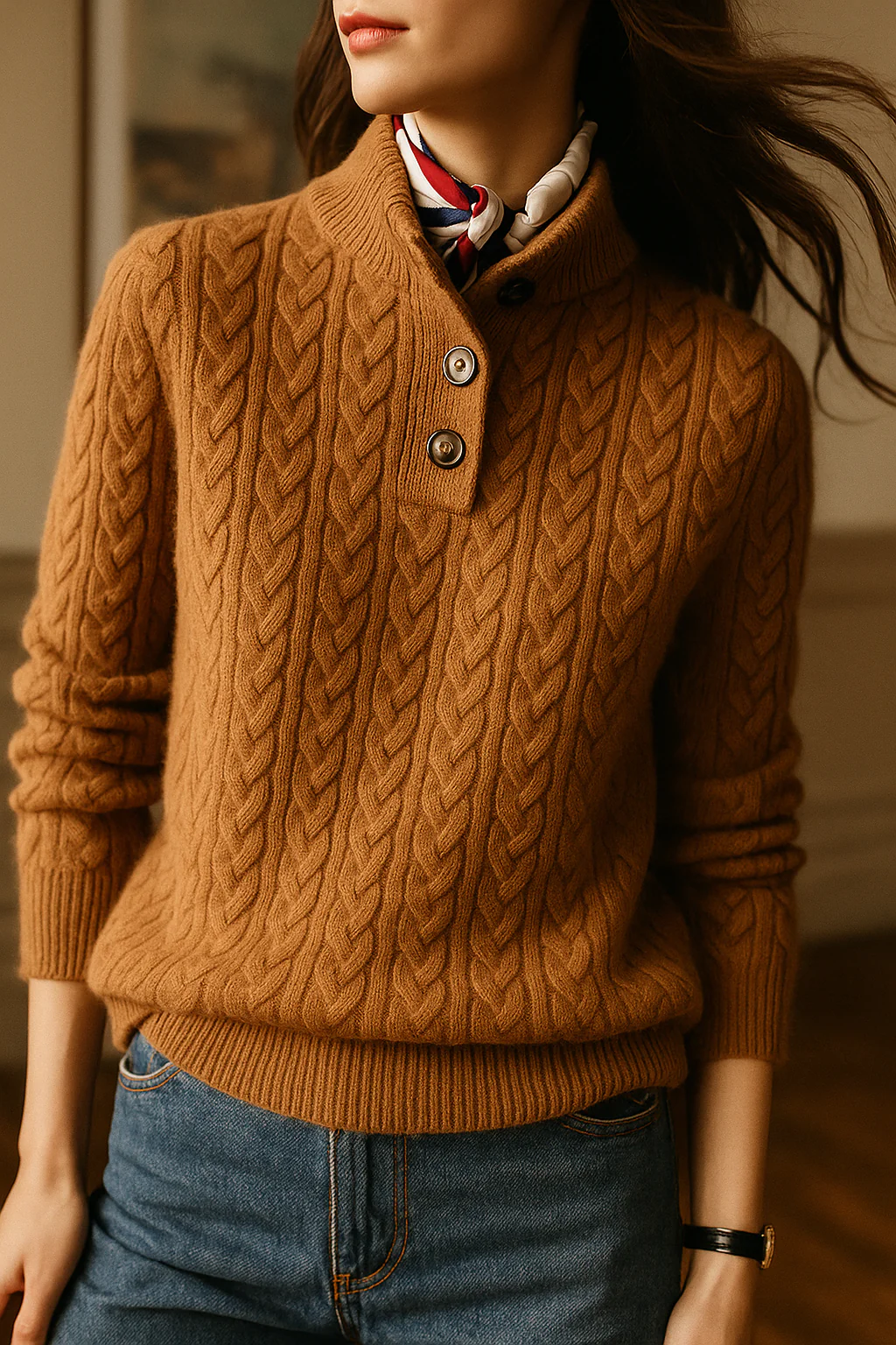 Women's Cable-Knit Pullover with Collar Buttons