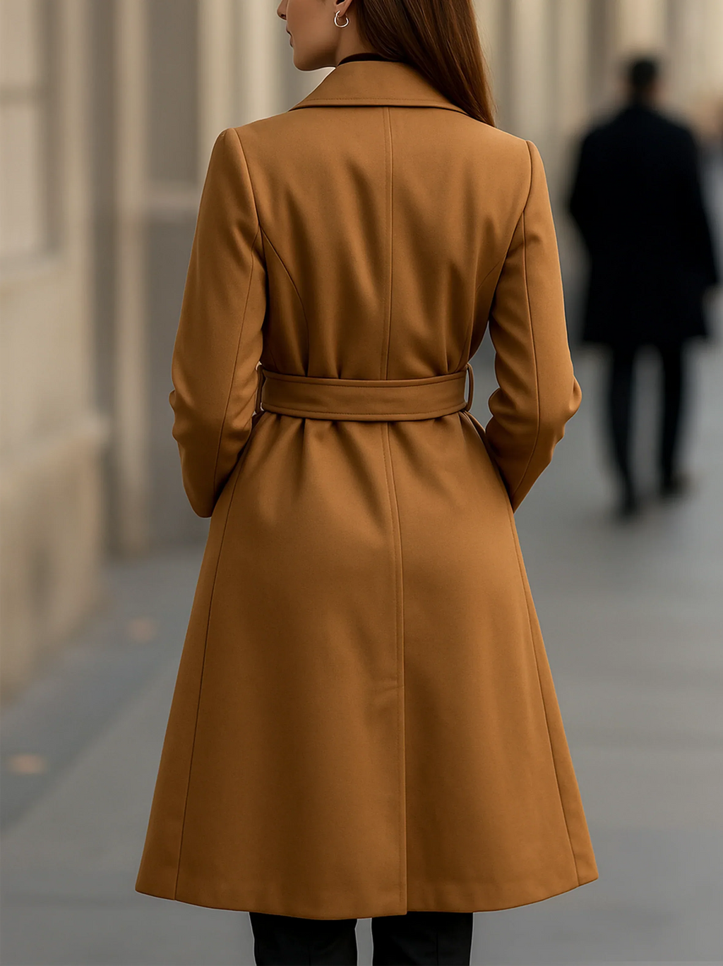 Women's Camel Belted Double Breasted Long Sleeve Trench Coat