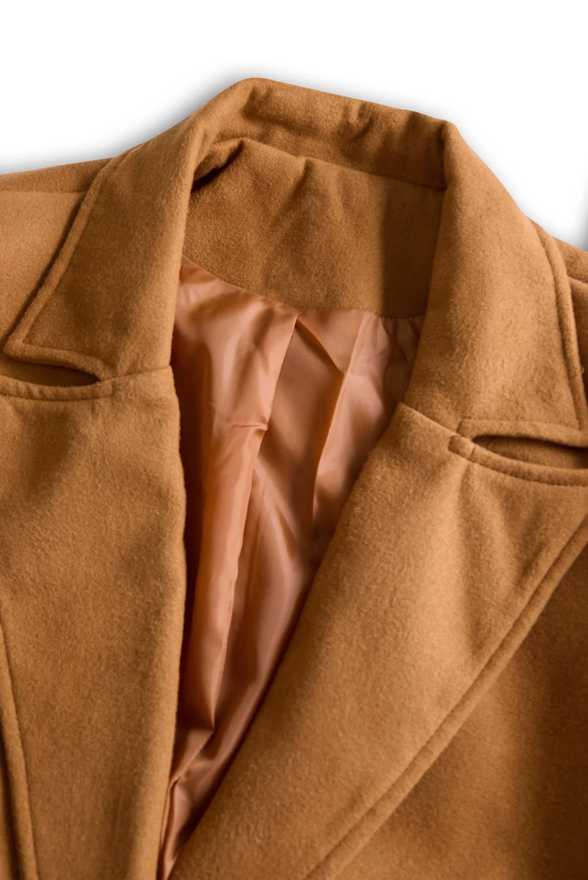 Women's Camel Belted Double Breasted Long Sleeve Trench Coat