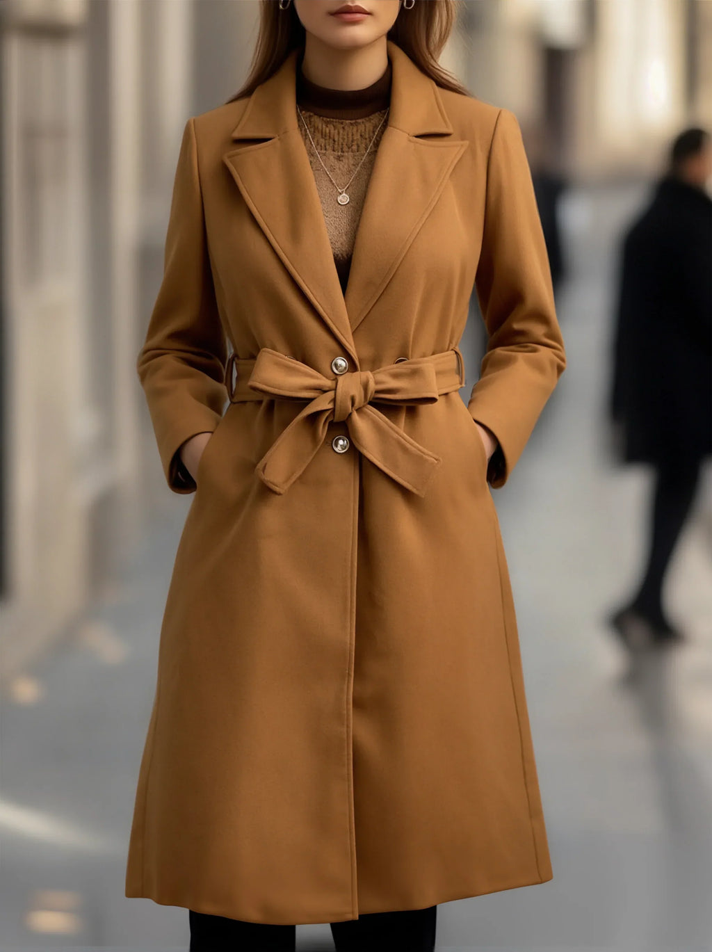 Women's Camel Belted Double Breasted Long Sleeve Trench Coat