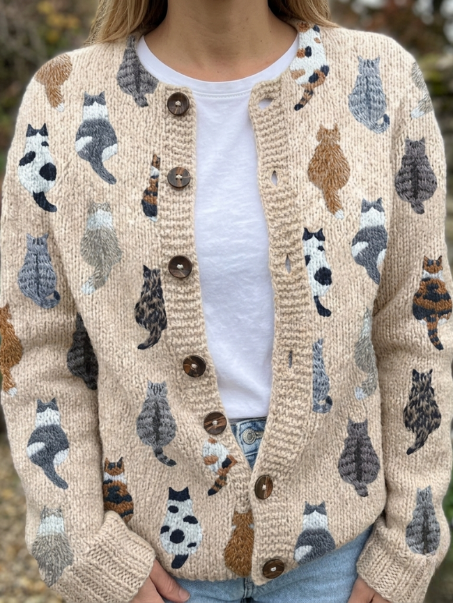 Women's Cat Print Button-Front Cardigan