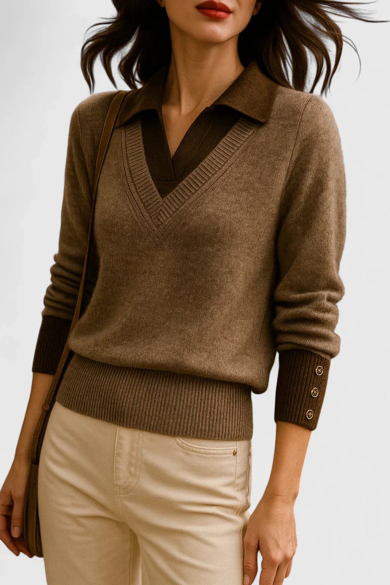 Women's Collared V-Neck Pullover with Button Cuffs in Sage