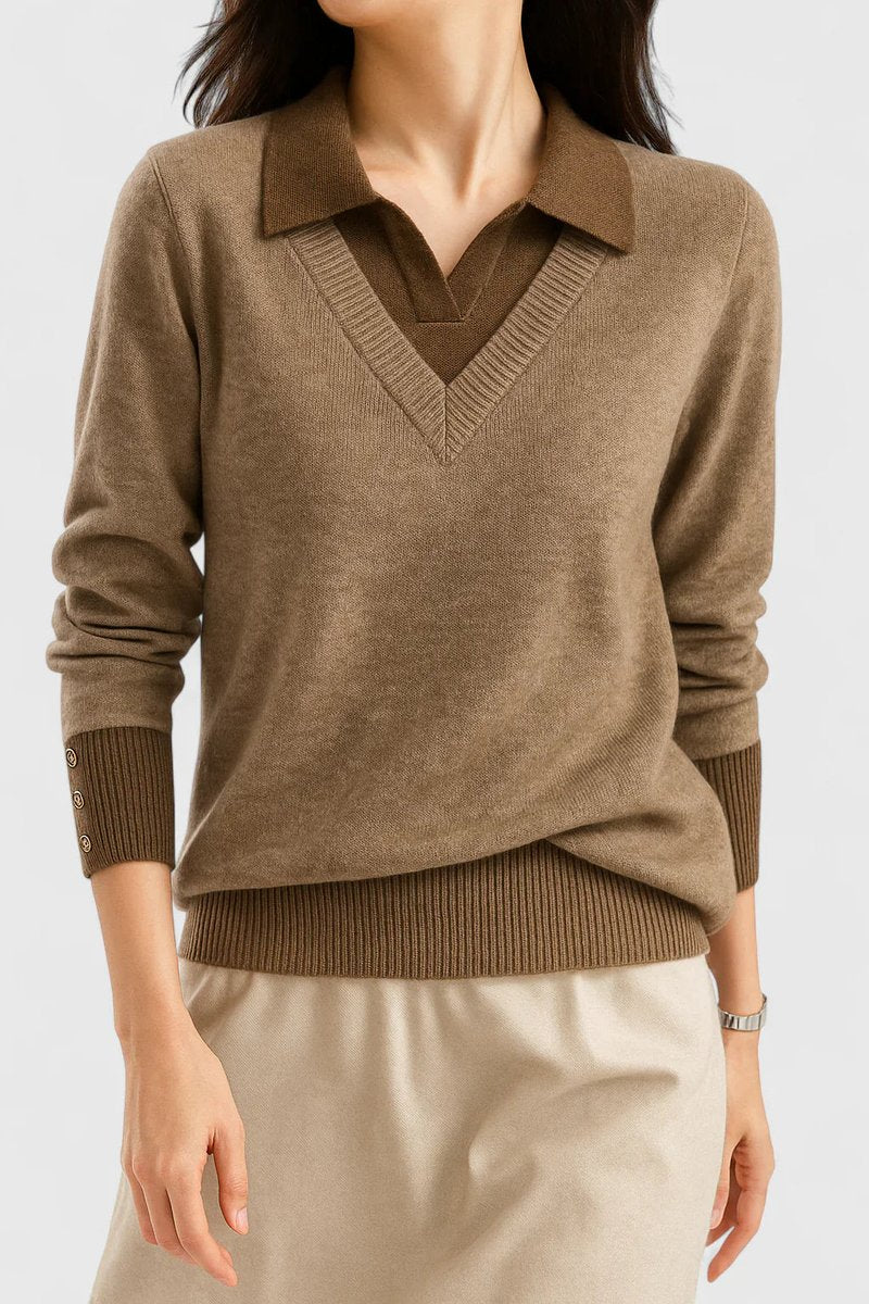 Women's Collared V-Neck Pullover with Button Cuffs in Sage