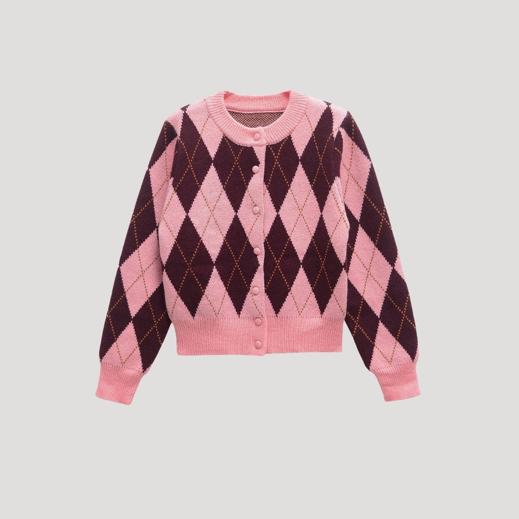 Women's Cropped Argyle Knit Sweater Cardigan