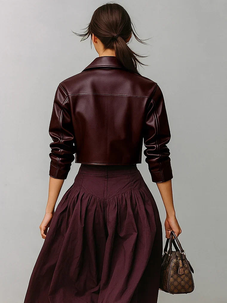 Women's Cropped Leather Jacket with Long Sleeves and Button Closure