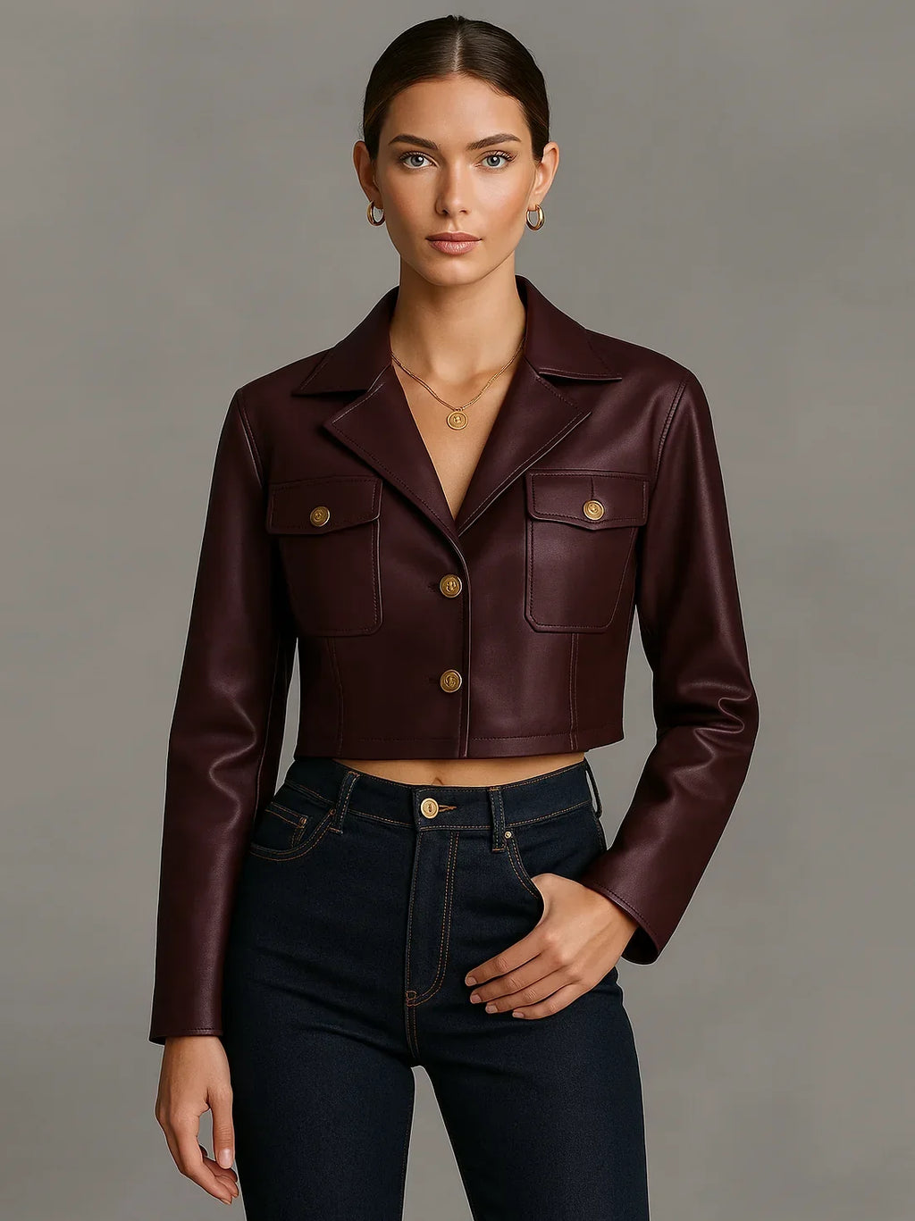 Women's Cropped Leather Jacket with Long Sleeves and Button Closure