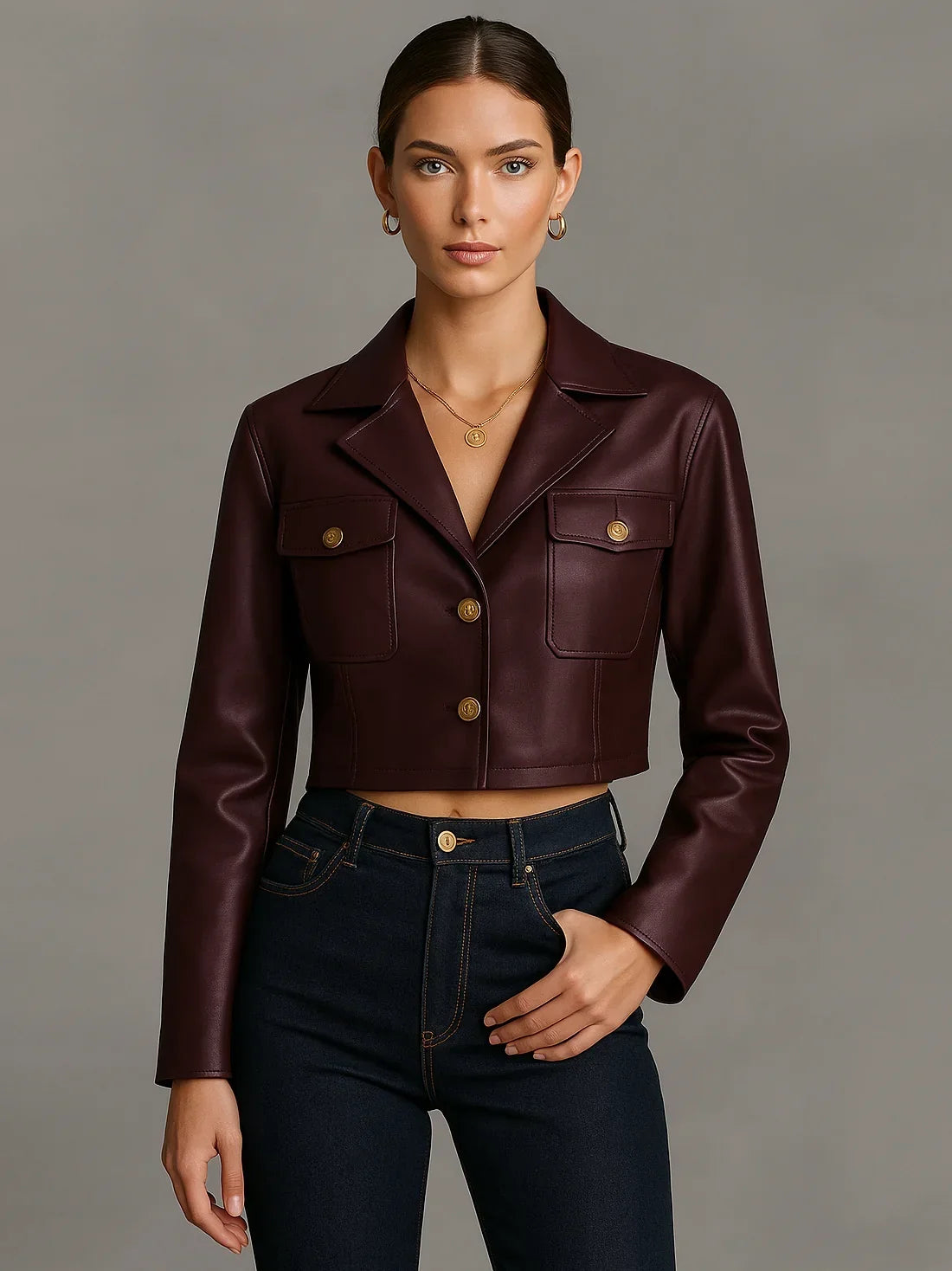 Women's Cropped Leather Jacket with Long Sleeves and Button Closure