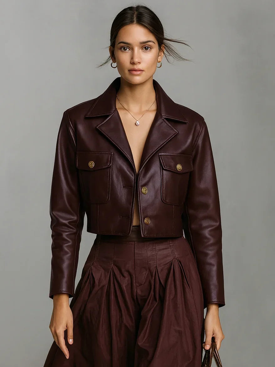 Women's Cropped Leather Jacket with Long Sleeves and Button Closure