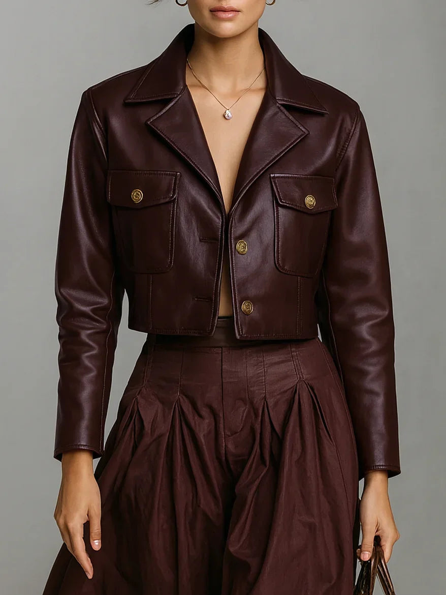 Women's Cropped Leather Jacket with Long Sleeves and Button Closure