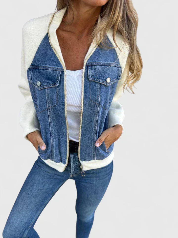 Women's Denim Baseball Bomber Varsity Jacket