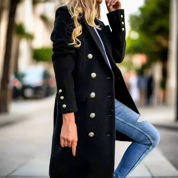 Women's Double-Breasted Blazer Coat with Silver Buttons