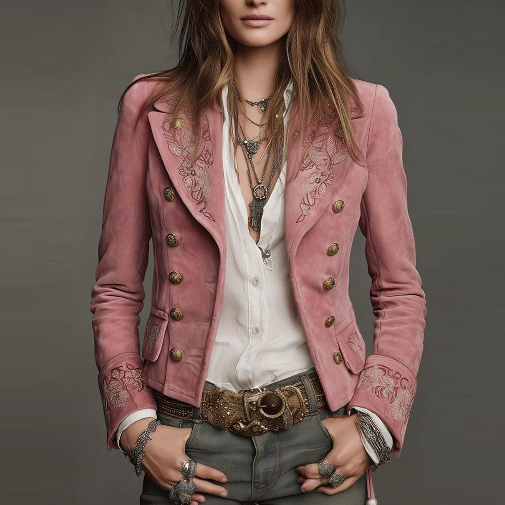 Women's Double-Breasted Embroidered Suede Jacket