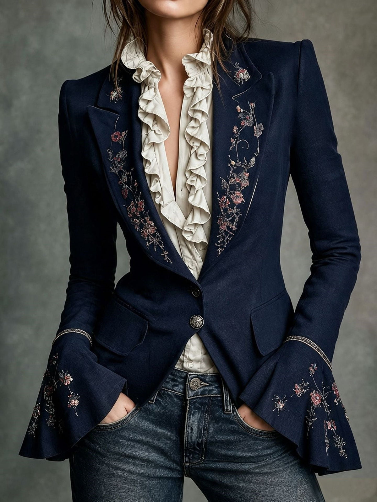 Women's Embroidered Tailored Blazer with Flared Cuffs