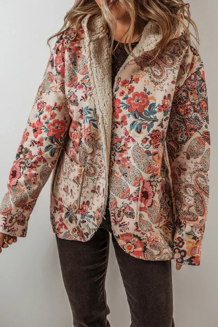 Women's Floral Paisley Blazer with Cozy Sherpa Lining