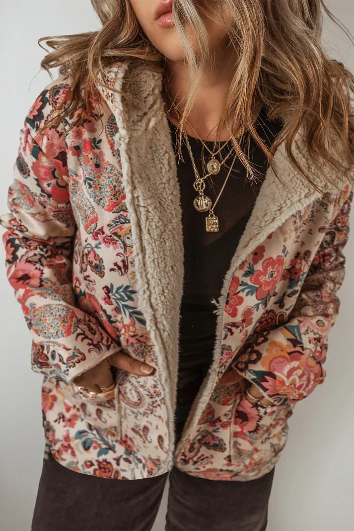 Women's Floral Paisley Blazer with Cozy Sherpa Lining