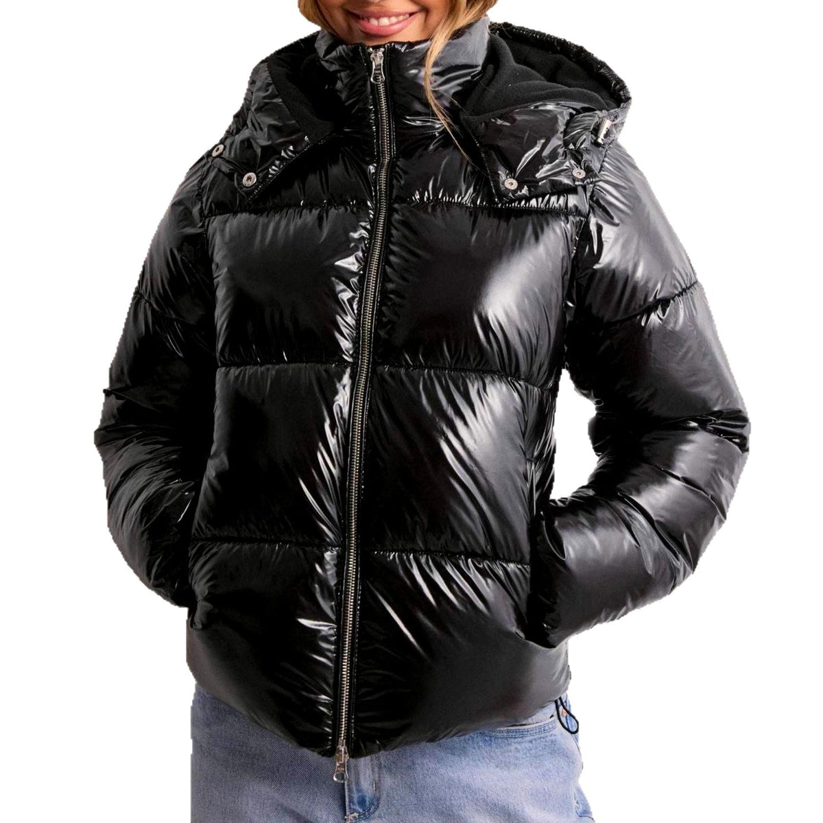 Women's Glossy Hooded Zip-Up Puffer Jacket