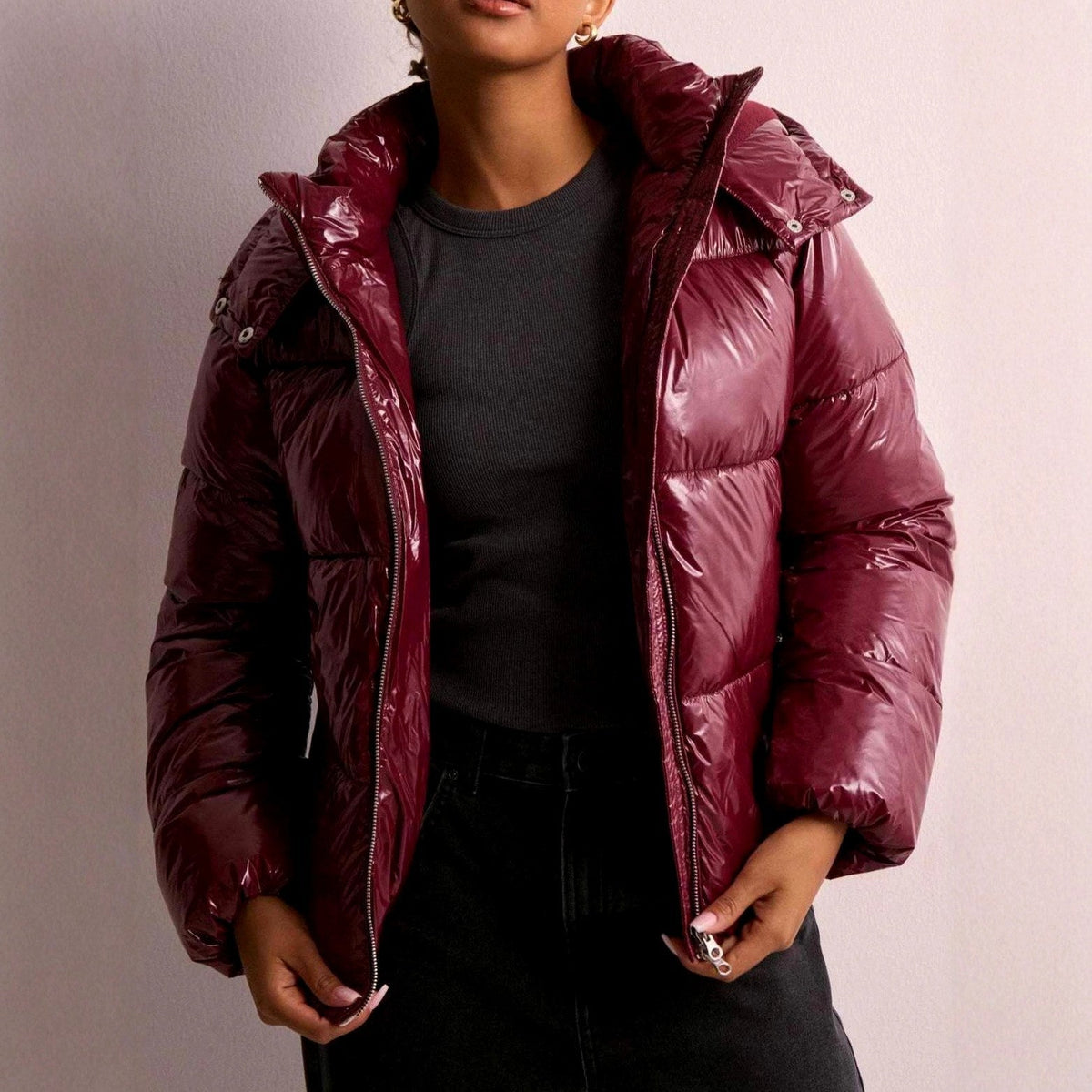 Women's Glossy Hooded Zip-Up Puffer Jacket