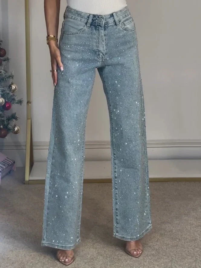 Women's High Waist Rhinestone Wide Leg Jeans