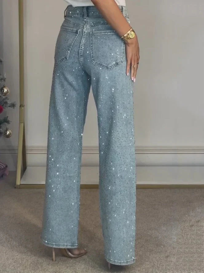 Women's High Waist Rhinestone Wide Leg Jeans