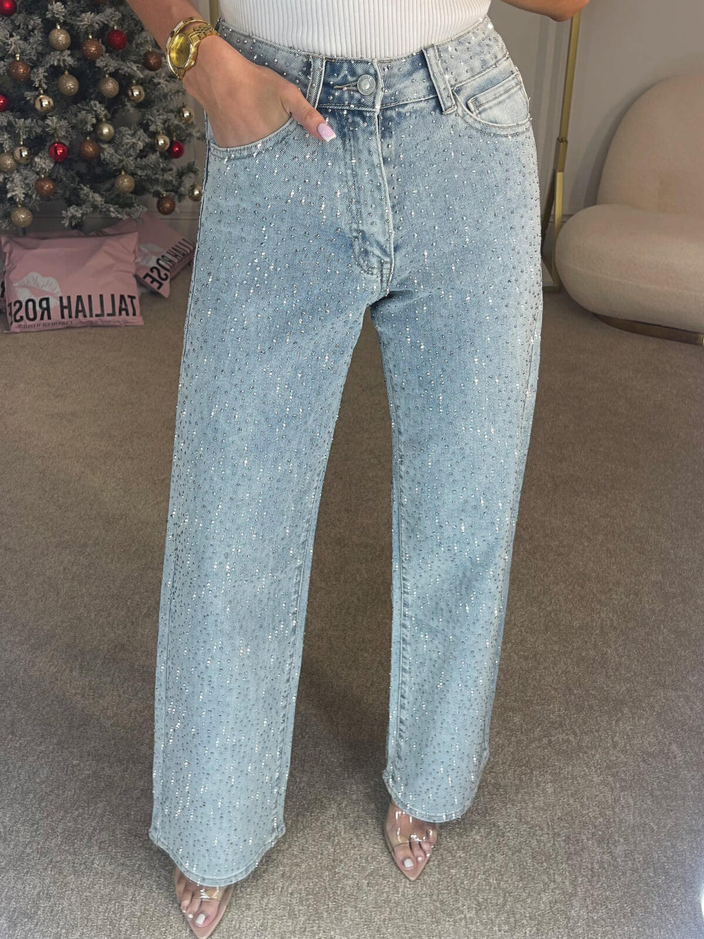 Women's High Waist Rhinestone Wide Leg Jeans