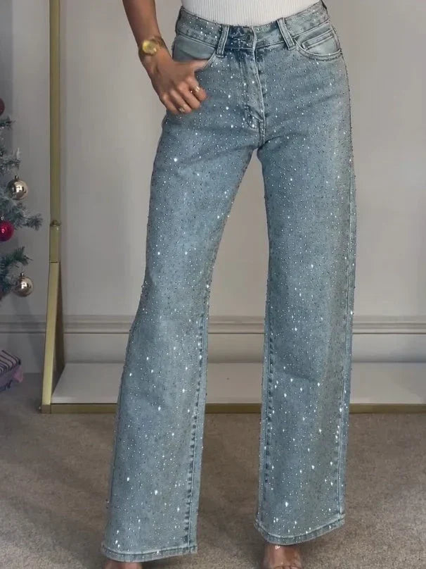 Women's High Waist Rhinestone Wide Leg Jeans