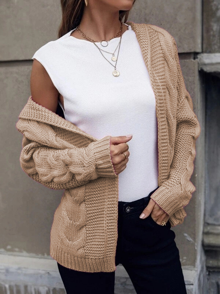 Women's Hooded Cable Knit Cardigan Sweater