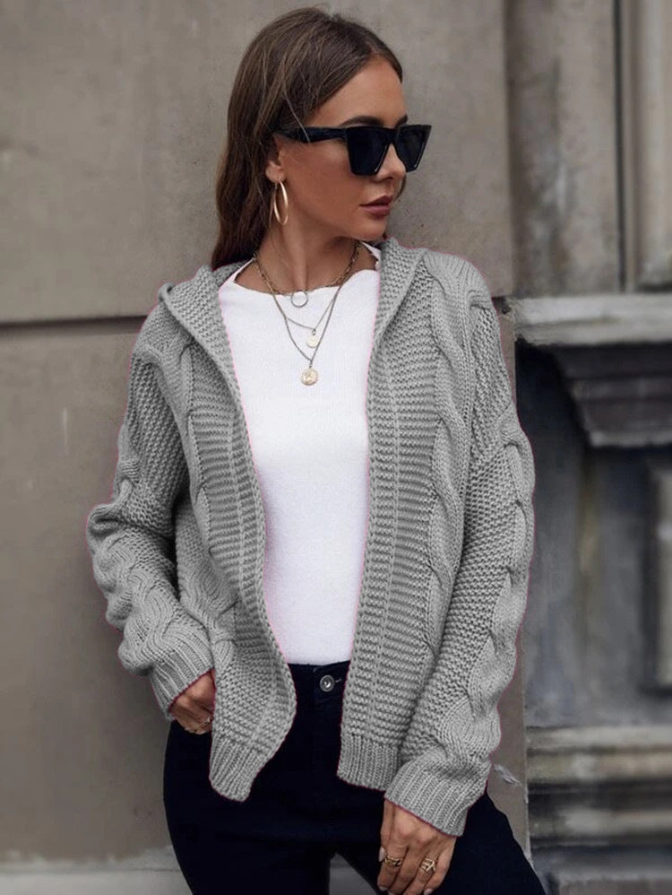 Women's Hooded Cable Knit Cardigan Sweater
