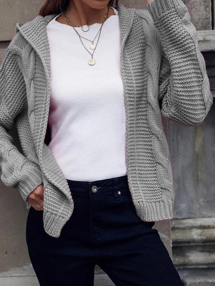 Women's Hooded Cable Knit Cardigan Sweater