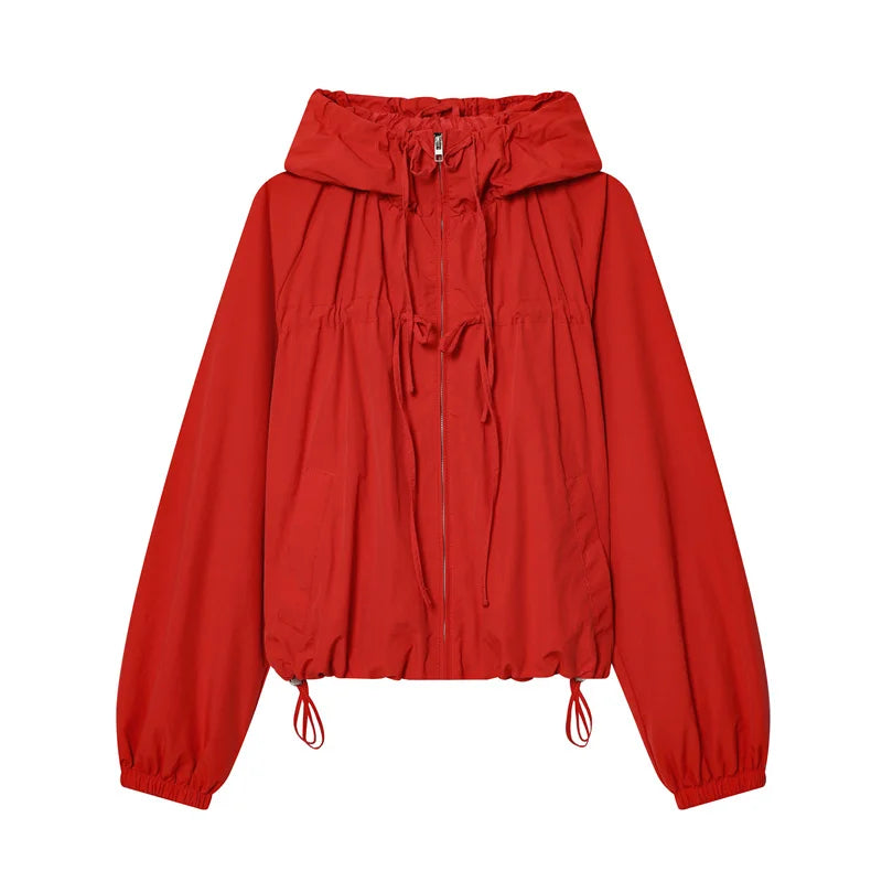 Women's Hooded Windbreaker Jacket with Gathered Hem