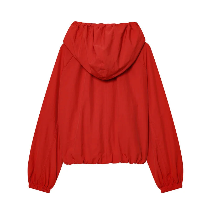 Women's Hooded Windbreaker Jacket with Gathered Hem