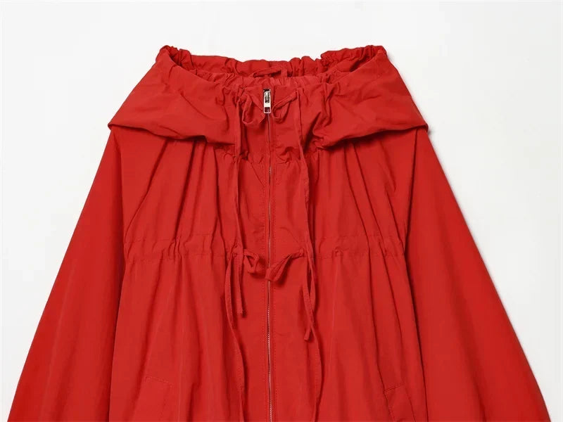 Women's Hooded Windbreaker Jacket with Gathered Hem