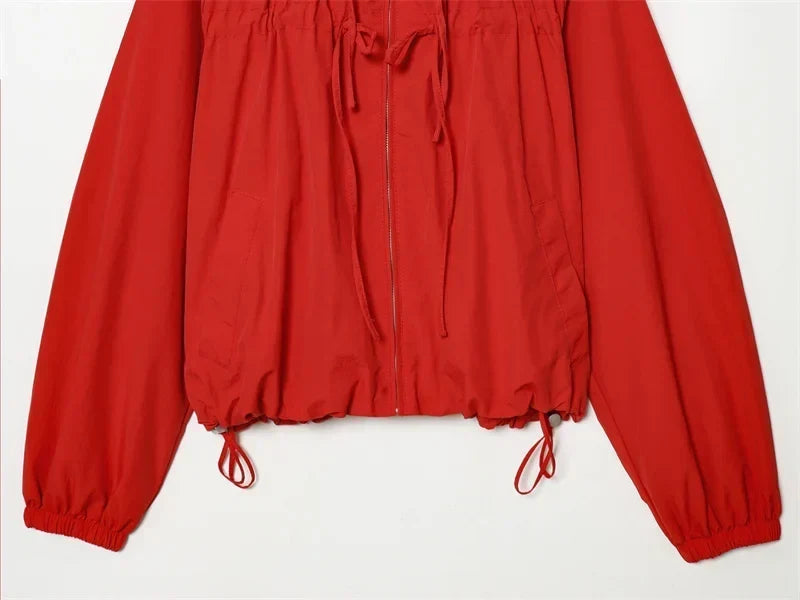 Women's Hooded Windbreaker Jacket with Gathered Hem