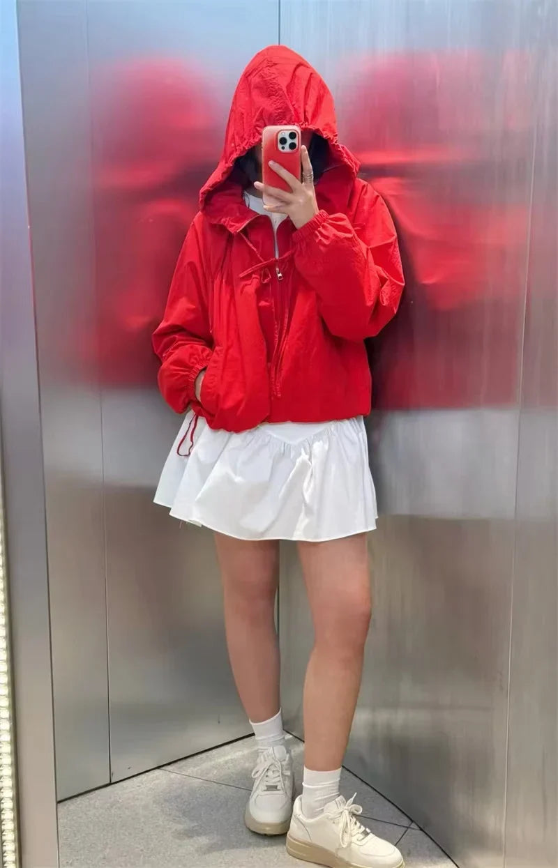 Women's Hooded Windbreaker Jacket with Gathered Hem