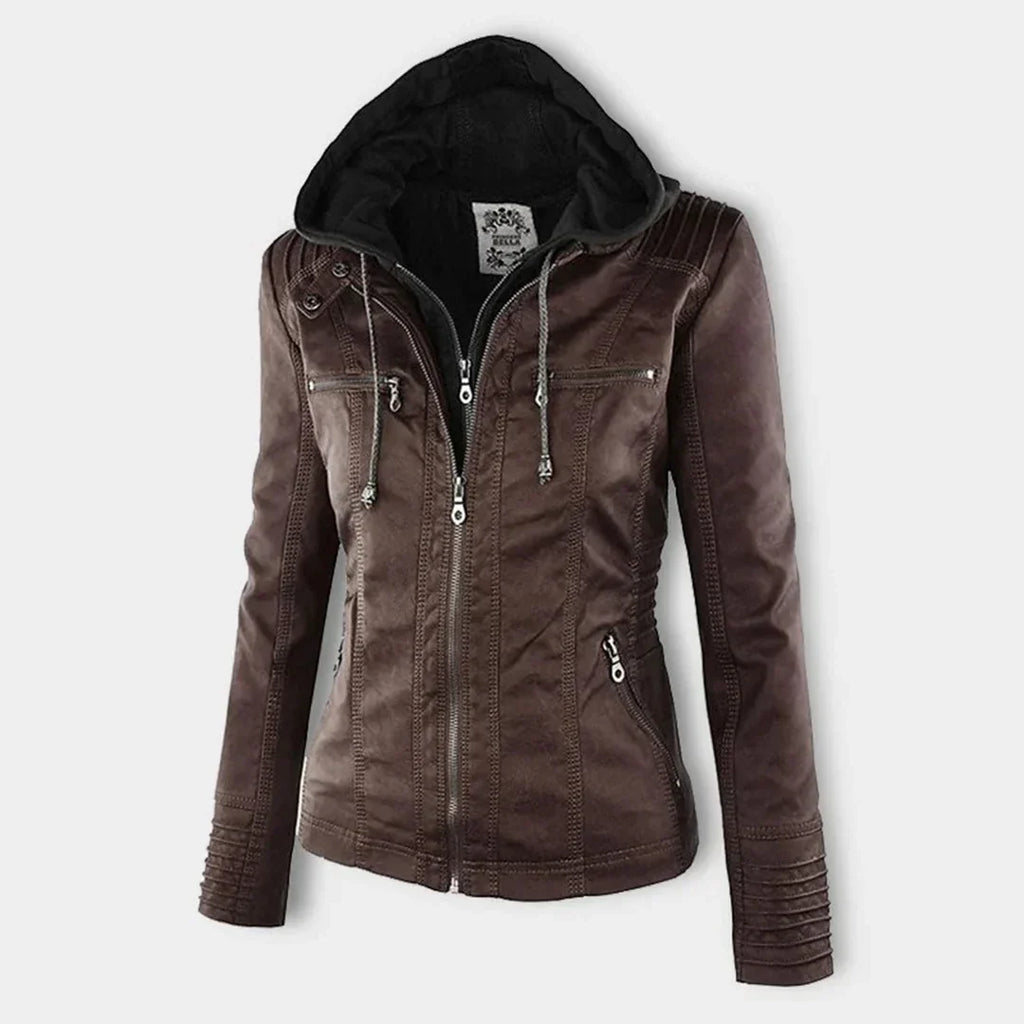 Women's Hooded Zip Front Leather Moto Jacket