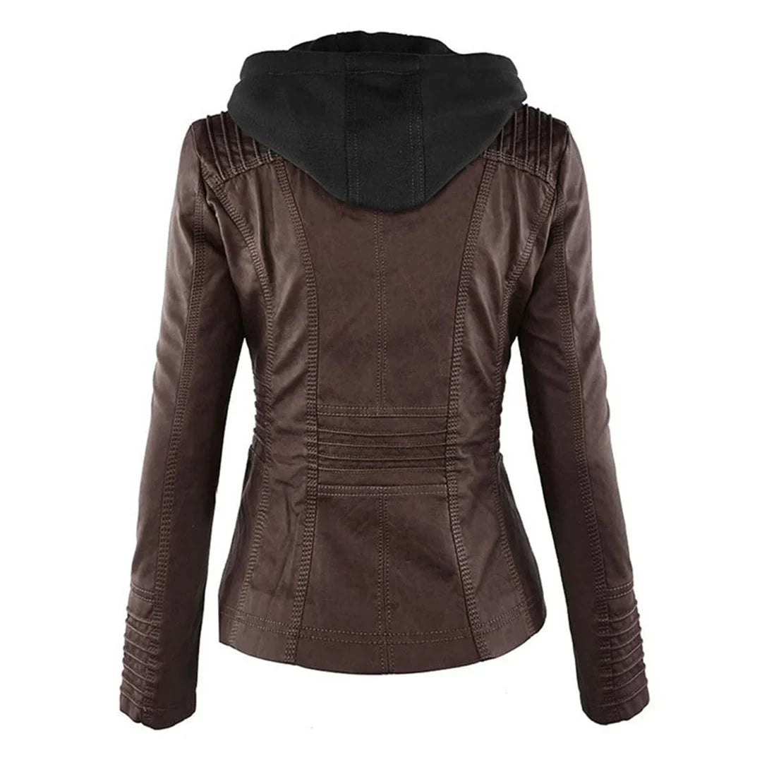 Women's Hooded Zip Front Leather Moto Jacket