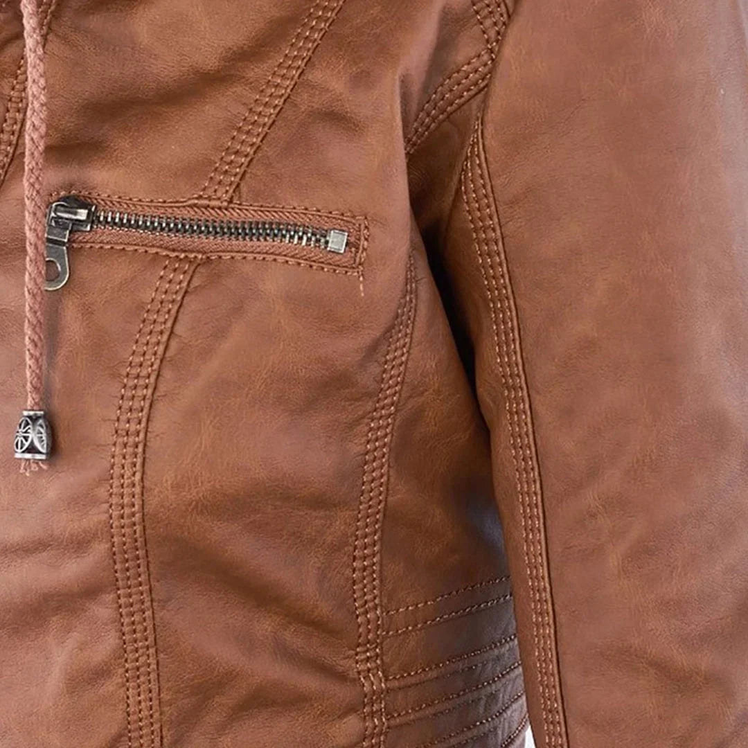 Women's Hooded Zip Front Leather Moto Jacket