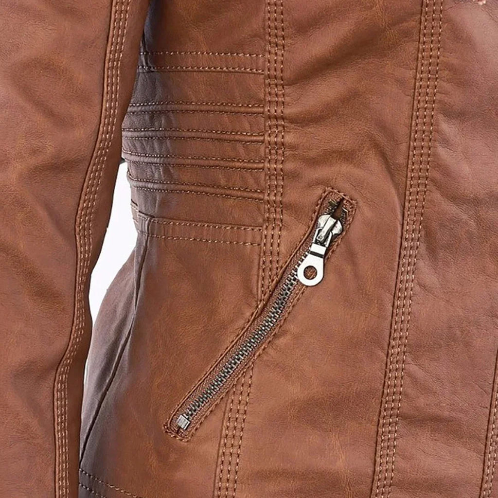 Women's Hooded Zip Front Leather Moto Jacket